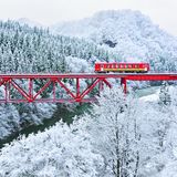 Ein Zug fährt über eine Brücke in einer verschneiten Landschaft