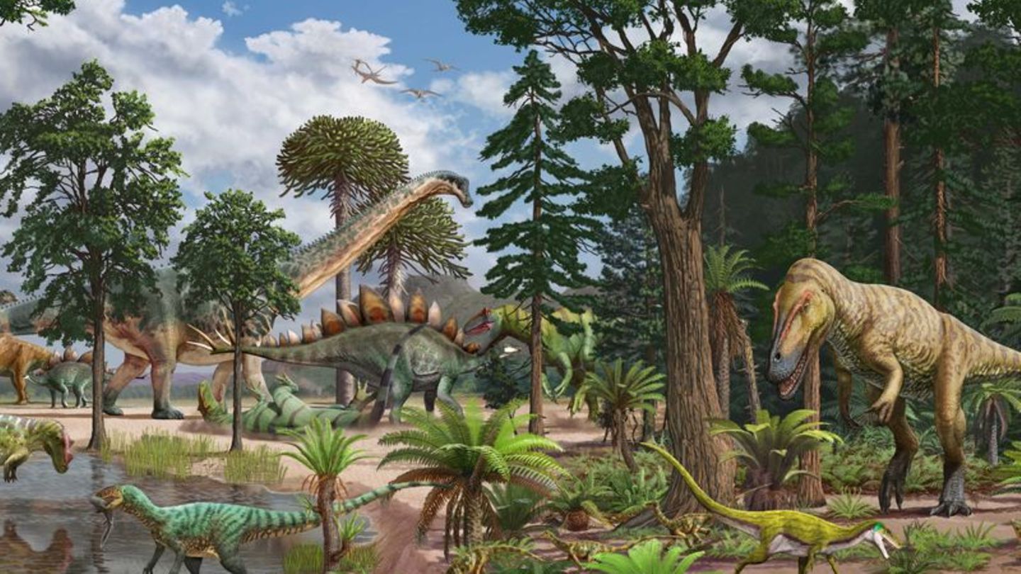 Künstlerische Darstellung des Ökosystems der Dry Mesa Dinosaur Quarry vor etwa 150 Millionen Jahren im heutigen US-Staat Colorad