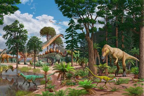 Ökosystem des Dry-Mesa-Dinosaurier-Steinbruchs im heutigen US-Bundesstaat Colorado vor etwa 150 Millionen Jahren (Illustration)