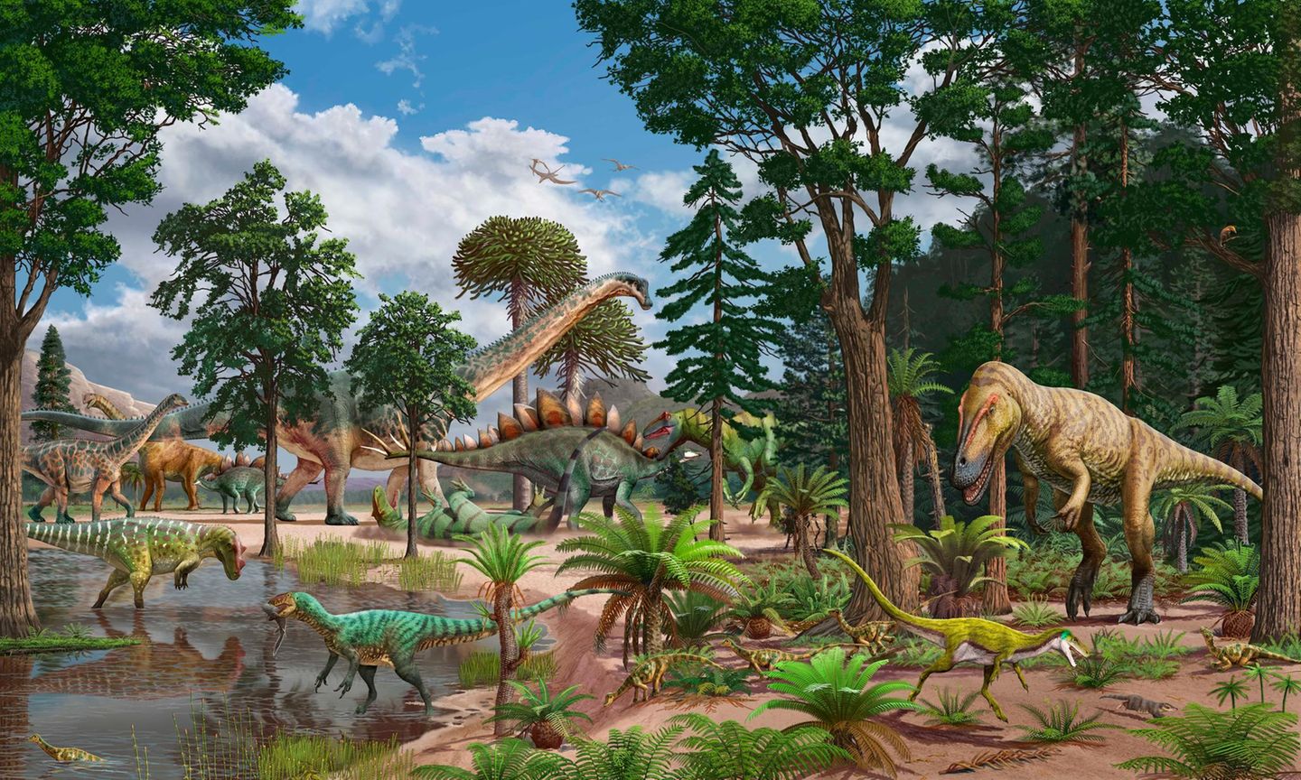 Ökosystem des Dry-Mesa-Dinosaurier-Steinbruchs im heutigen US-Bundesstaat Colorado vor etwa 150 Millionen Jahren (Illustration)