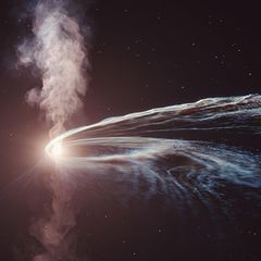 Bei einem Tidal Disruption Event, zu Deutsch: Gezeitenzerreißungsereignis, sprengt ein Schwarzes Loch einen benachbarten Stern, die Überreste schießen als Jet hinfort (künstlerische Darstellung)
