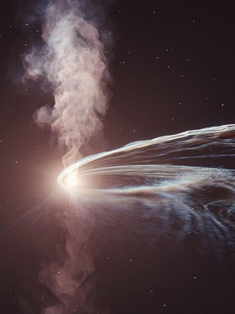 Bei einem Tidal Disruption Event, zu Deutsch: Gezeitenzerreißungsereignis, sprengt ein Schwarzes Loch einen benachbarten Stern, die Überreste schießen als Jet hinfort (künstlerische Darstellung)
