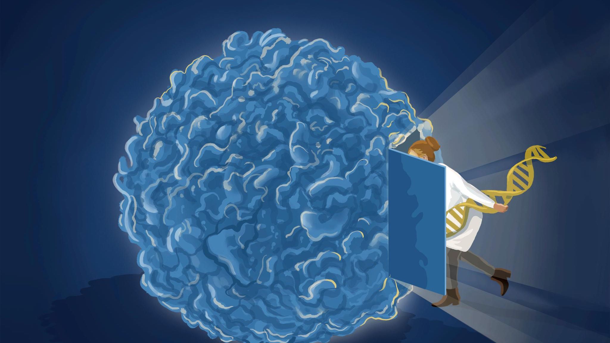 Künstlerische Illustration einer überdimensionierten Krebszelle, in die eine Forscherin hineinschaut