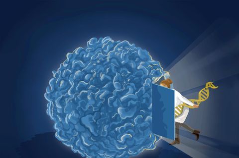 Künstlerische Illustration einer überdimensionierten Krebszelle, in die eine Forscherin hineinschaut