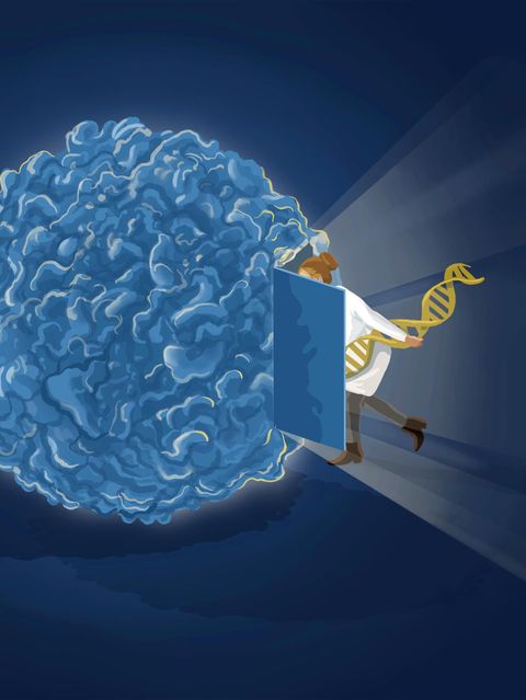 Künstlerische Illustration einer überdimensionierten Krebszelle, in die eine Forscherin hineinschaut