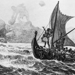 Odysseus auf dem Schiff trotzt dem Zyklopen auf dem Berg
