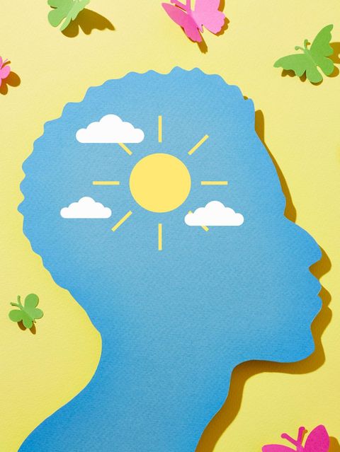Illustration eines Kopfes umgeben von Sonnenschein und Schmetterlingen
