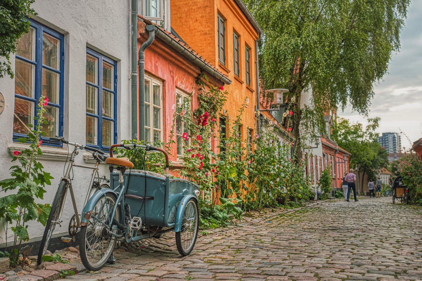 Gasse mit Fahrrad vor bunten Häusern in Aarhus, Dänemark