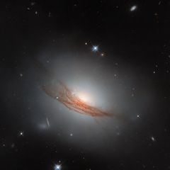 NGC 7722 ist ein kosmisches Zwischenwesen, das Eigenschaften von Spiralgalaxien und elliptischen Galaxien vereint – und doch keiner dieser Gruppen angehört. Forscher zählen sie zu der kleinen, schwer definierbaren Gruppe der linsenförmigen Galaxien. Rund 187 Millionen Lichtjahre von der Erde entfernt erstrahlt die kosmische Schönheit im luftleeren Raum. Sie besitzt den leuchtenden Halo einer elliptischen Galaxie und eine Scheibe, um die konzentrische Staubringe wirbeln. Ihr charakteristischstes Merkmal ist der rostrote Schleier: Schwaden aus Staub winden sich um die leuchtende Mitte der Sterneninsel. Viele linsenförmige Galaxien tragen solch ein diffuses Band. Forschende sehen darin Spuren der Verschmelzung mit einer anderen Galaxie.   2020 verfolgten Astronomen und Astrophysikerinnen gebannt, wie ein Stern in den Sphären von NGC 7722 explodierte. Vorübergehend überstrahlte die Supernova ihre kosmische Nachbarschaft; inzwischen ist sie jedoch verglüht. So gelang es dem Hubble-Weltraumteleskop, diese außergewöhnliche Sterneninsel schärfer einzufangen als je zuvor.  KW06
