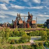 Abandoned Industrial factory in Duisburg, Germany. Public park Landschaftspark, landmark and tourist attraction.