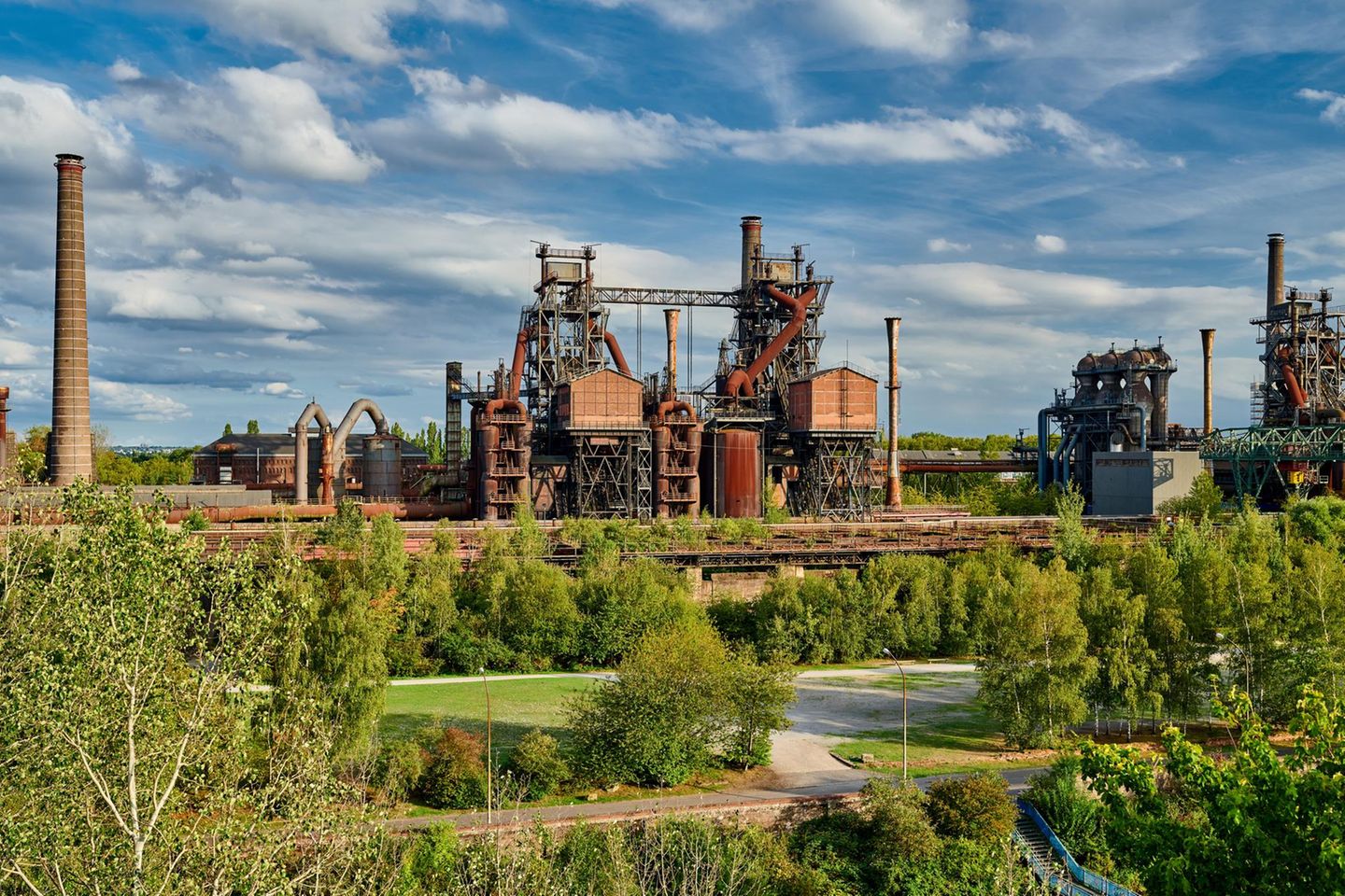 Abandoned Industrial factory in Duisburg, Germany. Public park Landschaftspark, landmark and tourist attraction.
