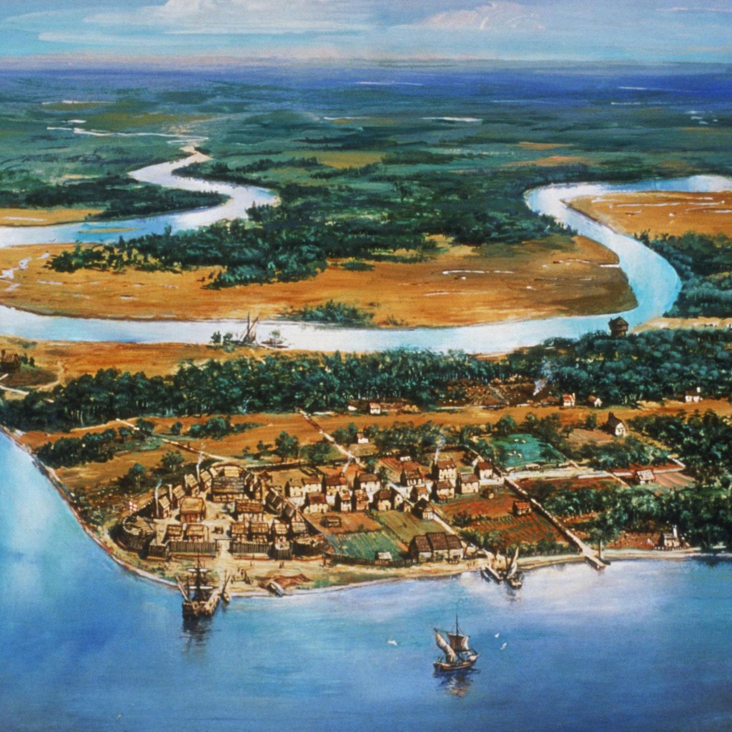 Gemälde zeigt Handelshafen in Jamestown, Virginia