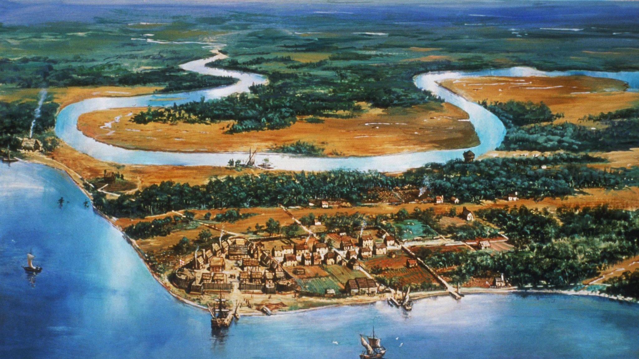 Gemälde zeigt Handelshafen in Jamestown, Virginia