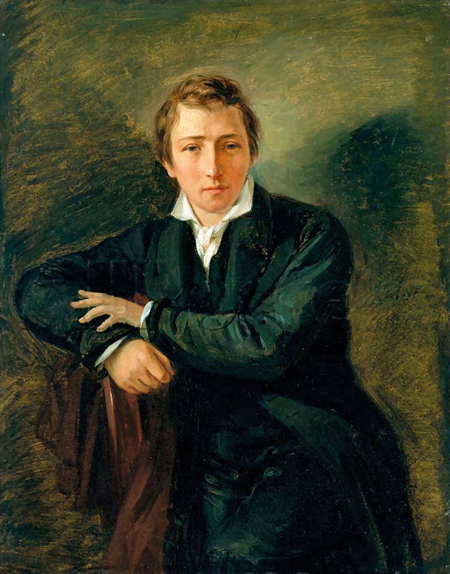 Ein Gemälde zeigt Heinrich Heine, einen jungen Mann, der sich auf eine Stuhllehne stützt.