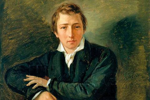Ein Gemälde zeigt Heinrich Heine, einen jungen Mann, der sich auf eine Stuhllehne stützt.