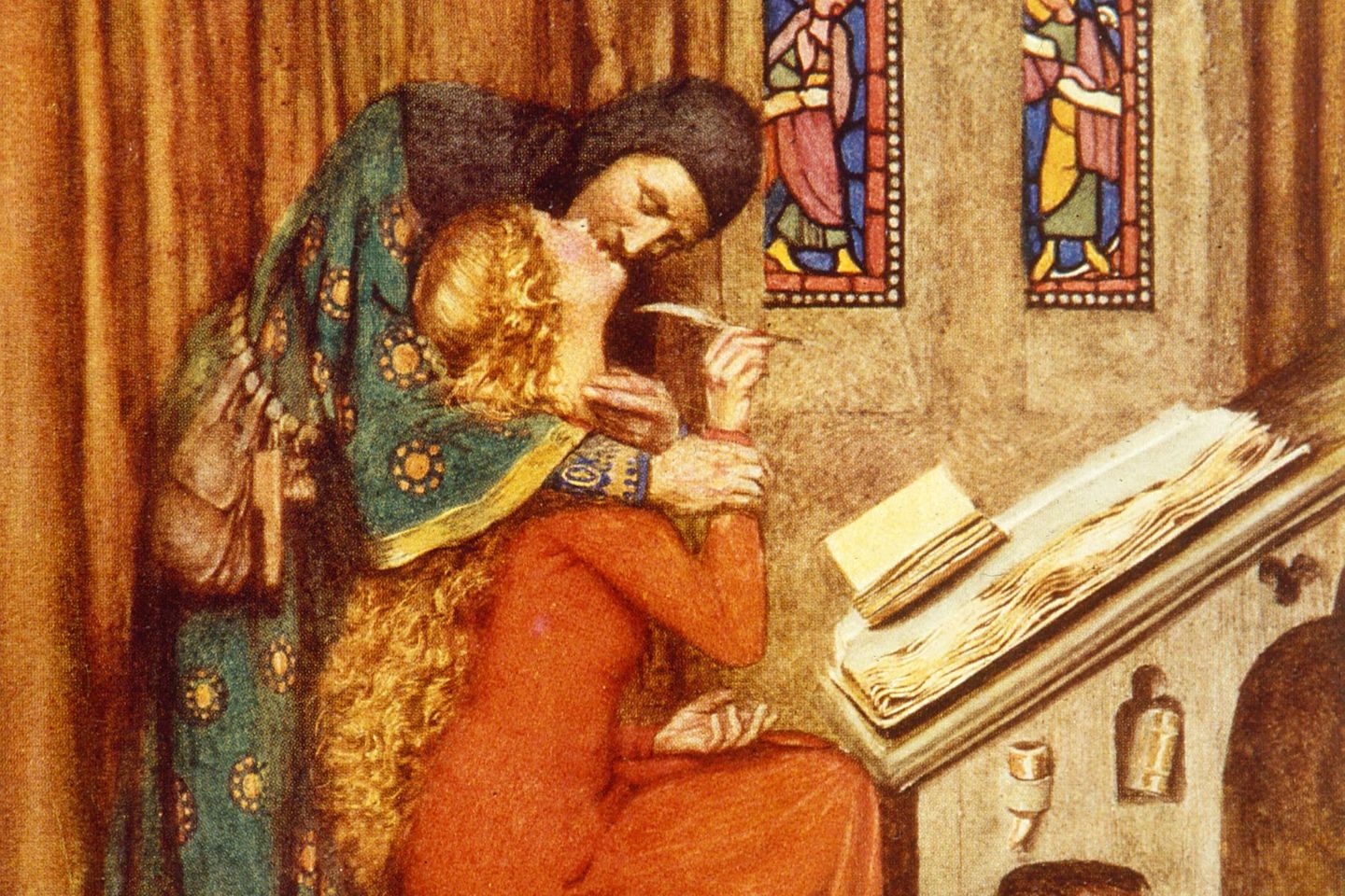 Abelard und Heloise kurz vor einem Kuss an einem Schreibtisch