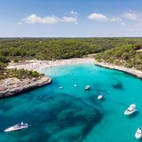 Headline=spain, Balearic Islands, Mallorca, Aerial view of Cala Mondrago and Playa Mondrago, Mandrago Nature Park