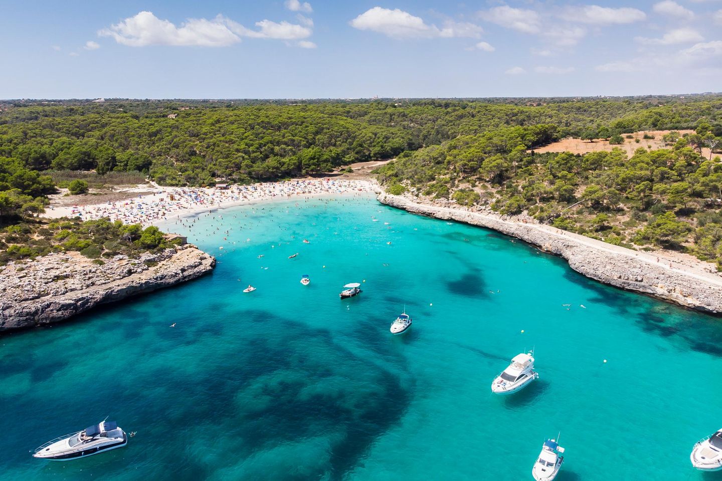 Headline=spain, Balearic Islands, Mallorca, Aerial view of Cala Mondrago and Playa Mondrago, Mandrago Nature Park