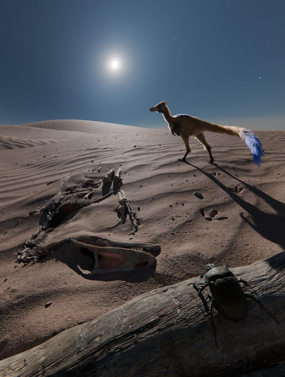 Kleiner Alvarezsauroide-Dinosaurier in den Dünen