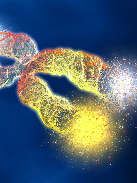 Illustration eines Chromosoms mit sich auflösenden Telomeren