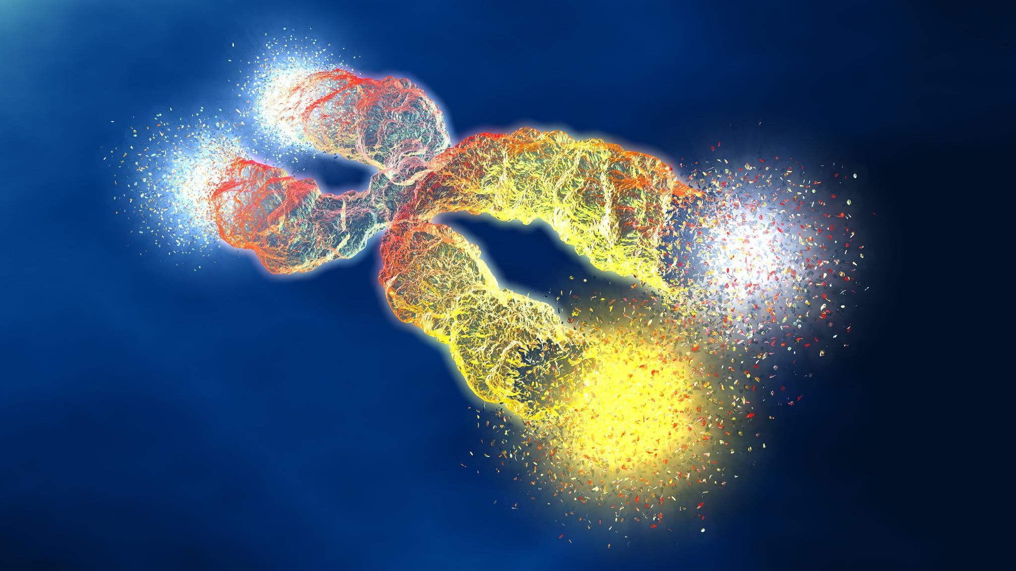 Illustration eines Chromosoms mit sich auflösenden Telomeren