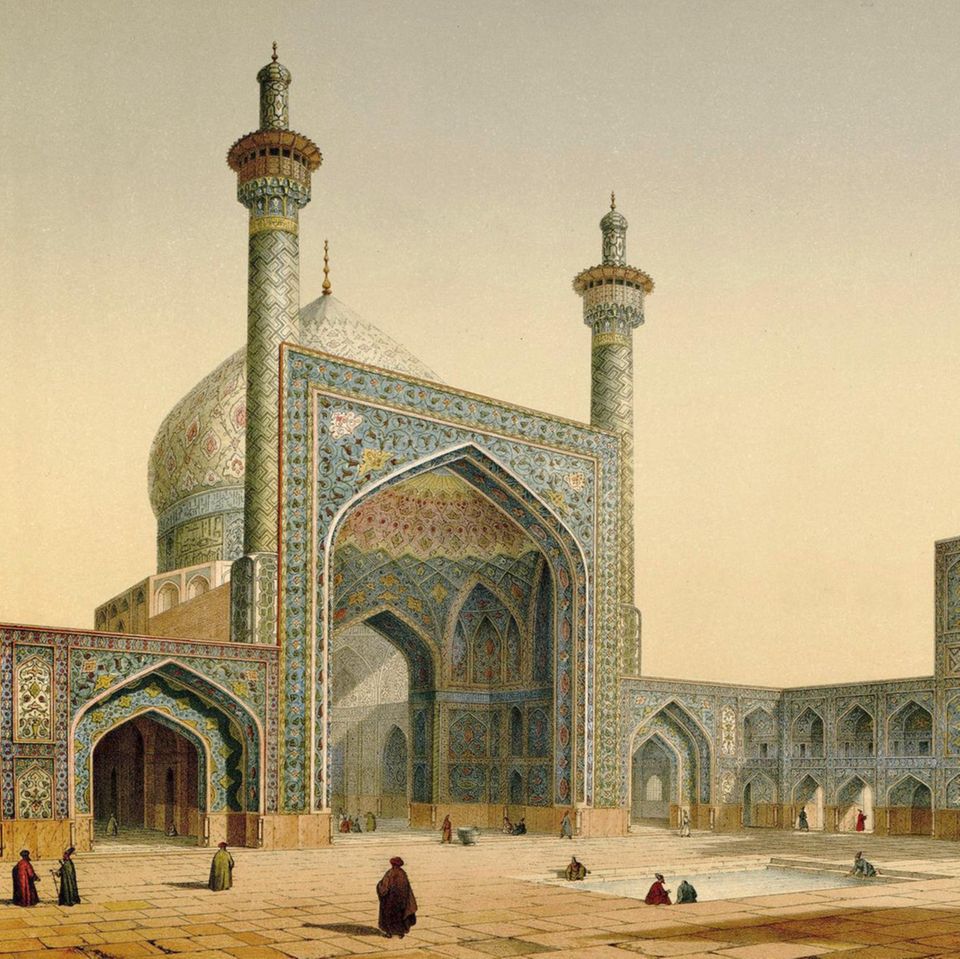 Gezeichneter Blick auf den Innenhof einer prächtigen Moschee