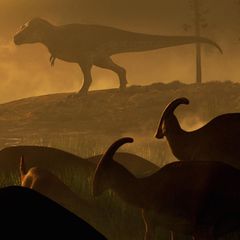 Parasaurolophus-Dinosauriern beobachten einen riesigen Tyrannosaurus