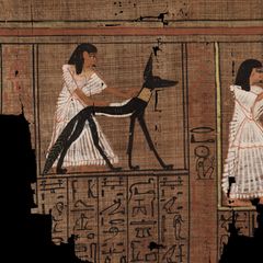 Ägyptischer Papyrus mit Malerei, die einen weiß gekleideten Mann mit einem schwarzen Schakal zeigt