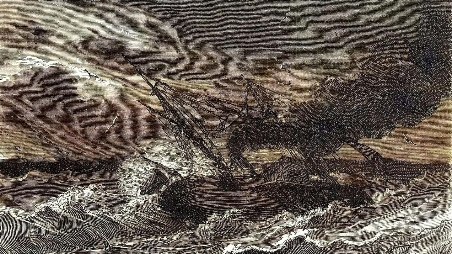 Ein kleiner Schaufelraddampfer in schwerer See; das Schiff liegt fast auf der Seite; Radierung; 19. Jahrhundert