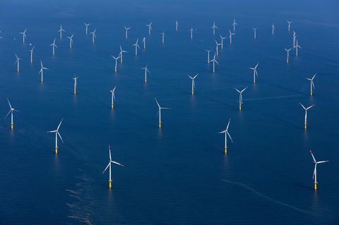 Der Windpark Butendiek vor der Westküste Schleswig-Holsteins hat eine Leistung von 288 Megawatt. Bis 2050 soll in der deutschen Nordsee 1000-mal so viel Strom produziert werden