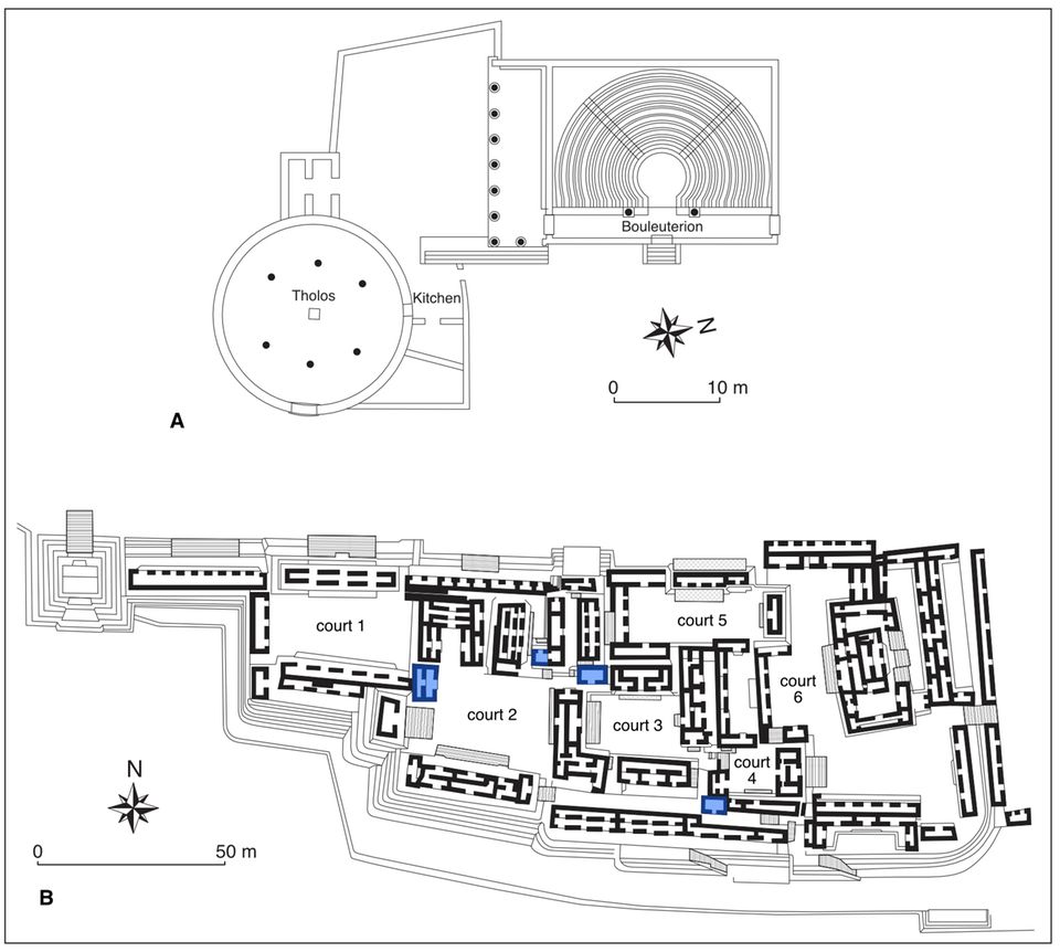 Stadtpläne im Vergleich: oben Athen mit Ratsgebäuden, unten der Palast von Tikal mit seinen Thronräumen