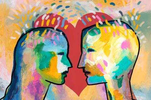 Illustration eines Paares das sich ernst anschaut, im Hintergrund ein rotes Herz