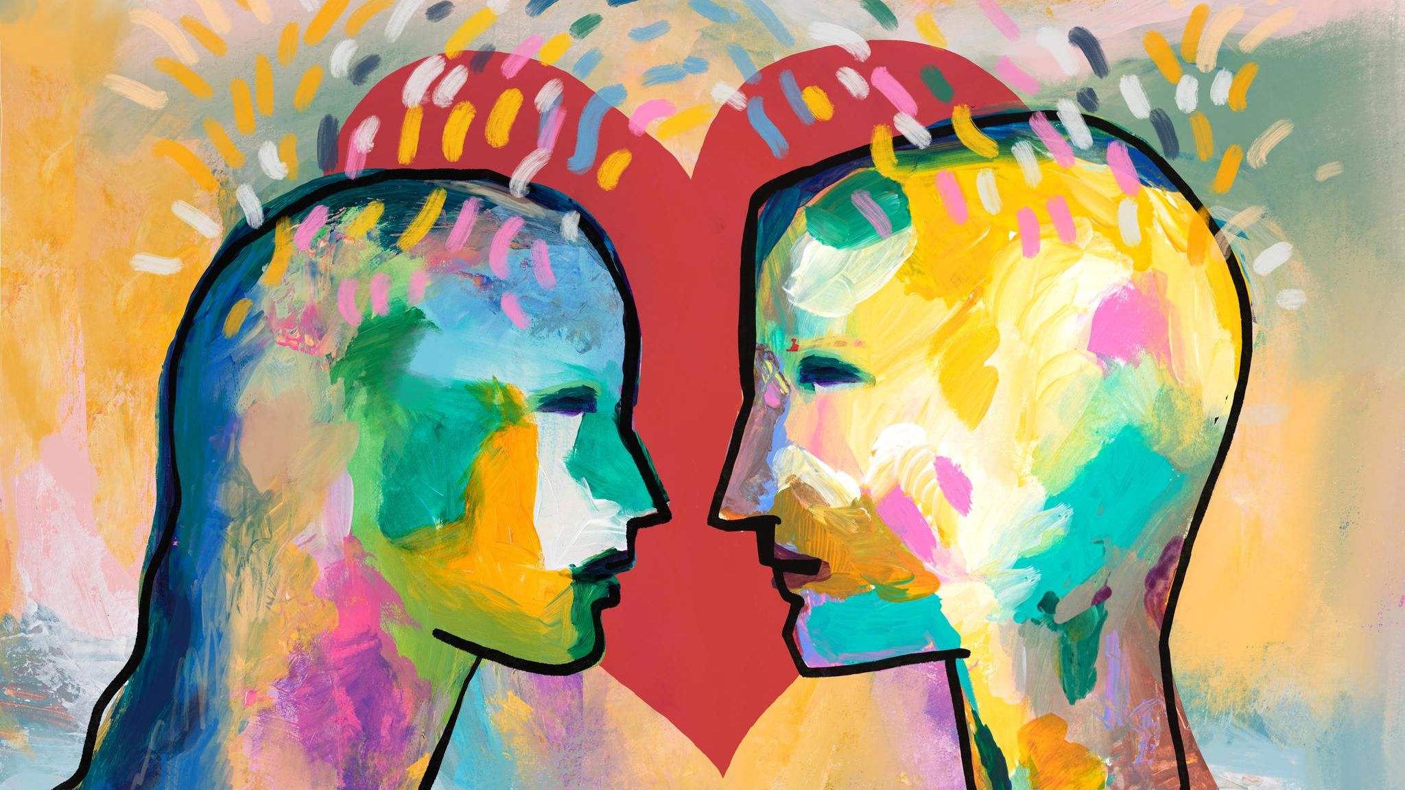 Illustration eines Paares das sich ernst anschaut, im Hintergrund ein rotes Herz