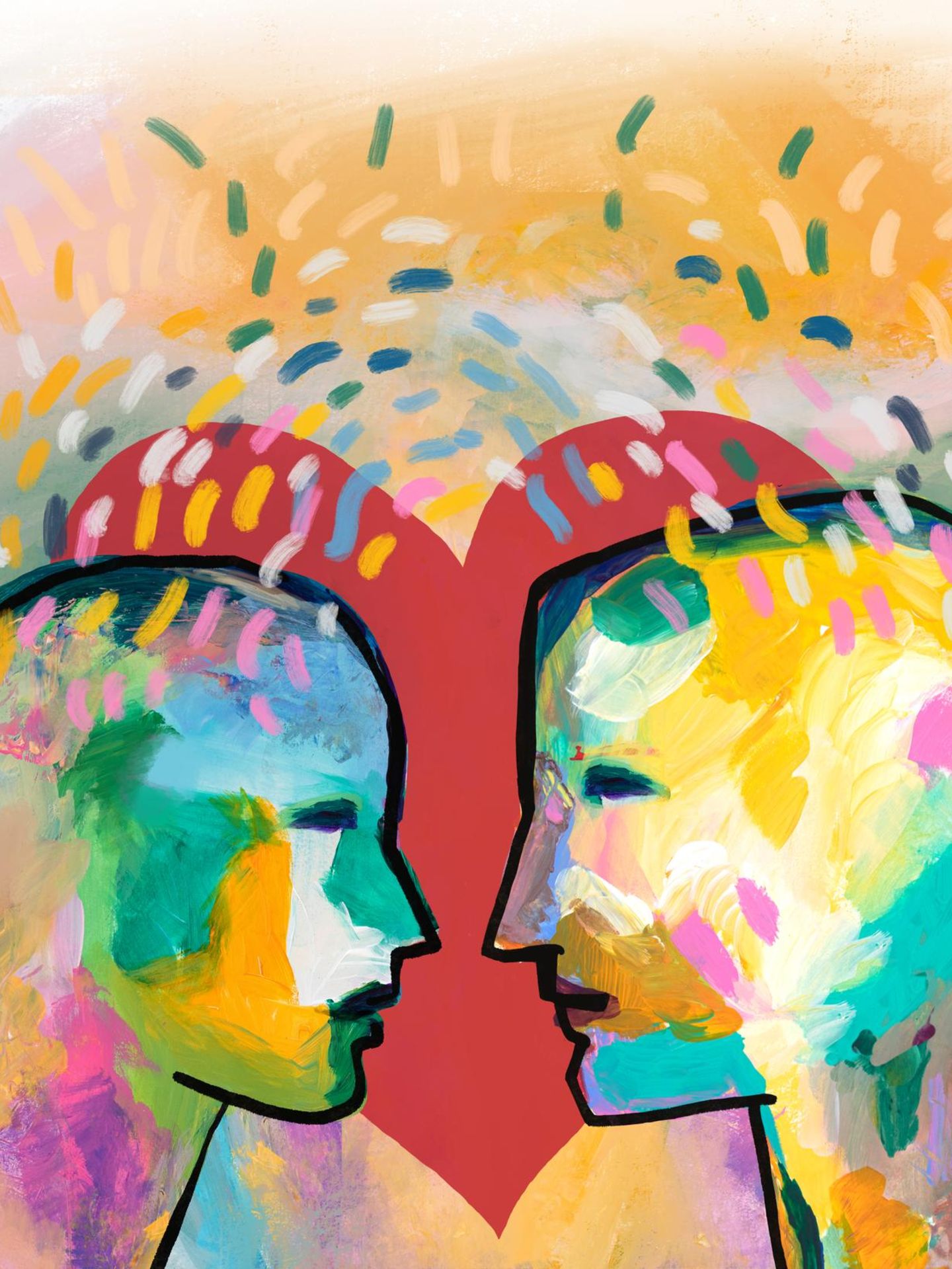 Illustration eines Paares das sich ernst anschaut, im Hintergrund ein rotes Herz