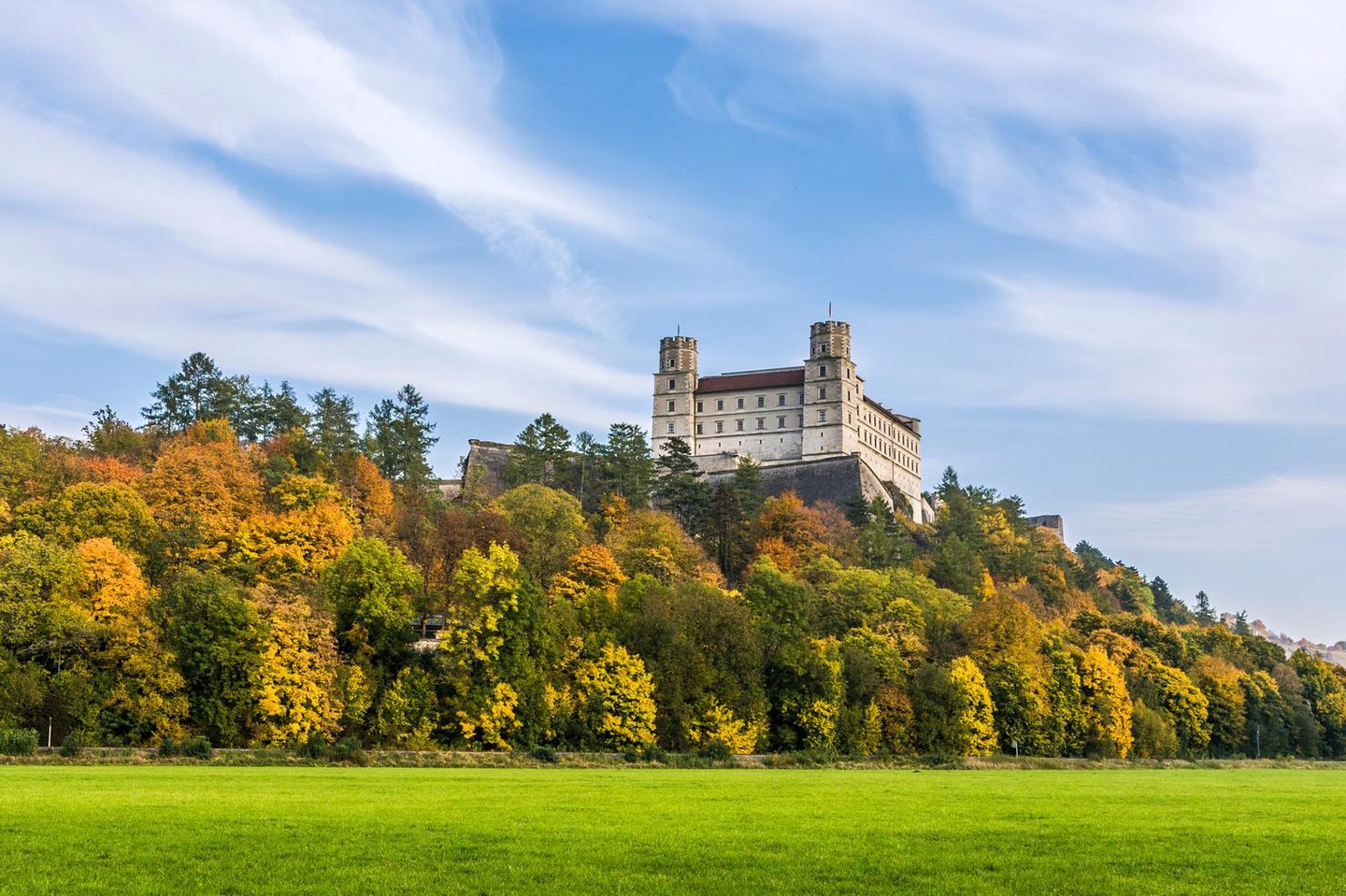 Willibaldsburg umgeben von Bäumen, im Vordergrund Wiese