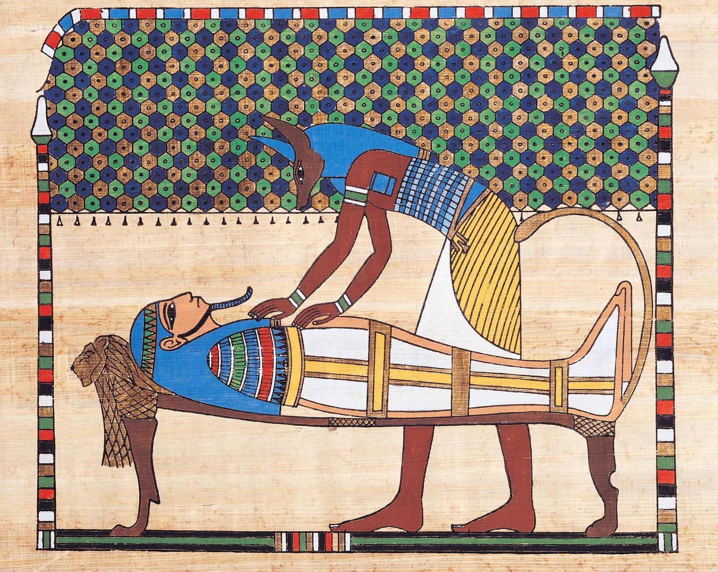 Papyrus zeigt Person, die verstorbenen Körper einbalsamiert