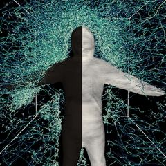 3D-Darstellung eines Menschen in einem Janusanzug von Mücken umkreist