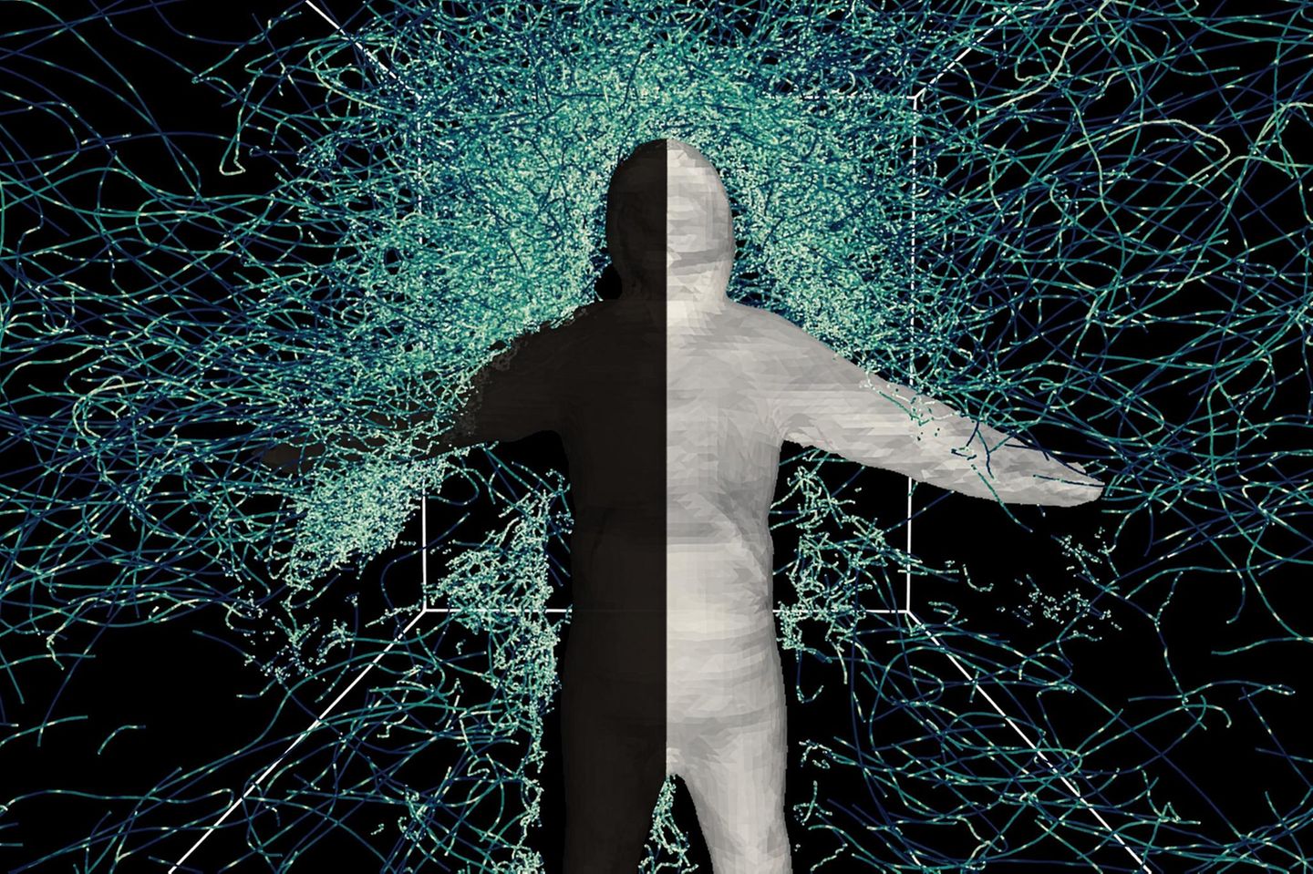 3D-Darstellung eines Menschen in einem Janusanzug von Mücken umkreist