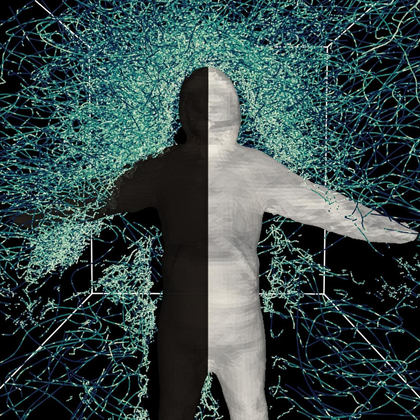 3D-Darstellung eines Menschen in einem Janusanzug von Mücken umkreist