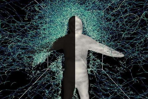 3D-Darstellung eines Menschen in einem Janusanzug von Mücken umkreist