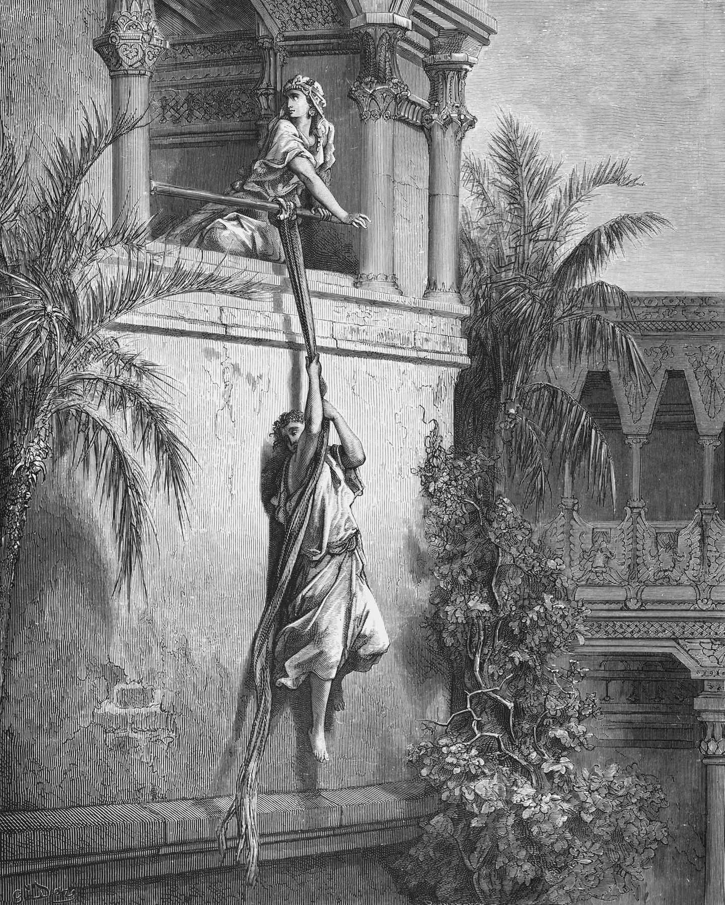 In der Bibel treten Frauen als Prophetinnen und Anführerinnen auf, im Gottesdienst sind sie hingegen Randfiguren. "So werden die Männer geprägt, die allein in der Kirche Entscheidungsmacht haben, und so bleibt der Blick verengt und der blinde Fleck groß", schreibt die Theologin Jantzen. Ein Beispiel ist Michal, die erste Frau Davids. In der Leseordnung wird nichts über Michals Rolle bei der Flucht Davids vor Saul erzählt. Dabei ist sie es, die David warnt, ihm die Flucht durch ein Fenster ermöglicht (im Bild) und anschließend geschickt seine Abwesenheit verbirgt. Als der Betrug auffliegt, redet sie sich mit vielen Worten heraus. Über all dies aber schweigt die Leseordnung.  