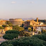 Rom mit Kolosseum und Forum Romanum, im Vordergrund Bäume