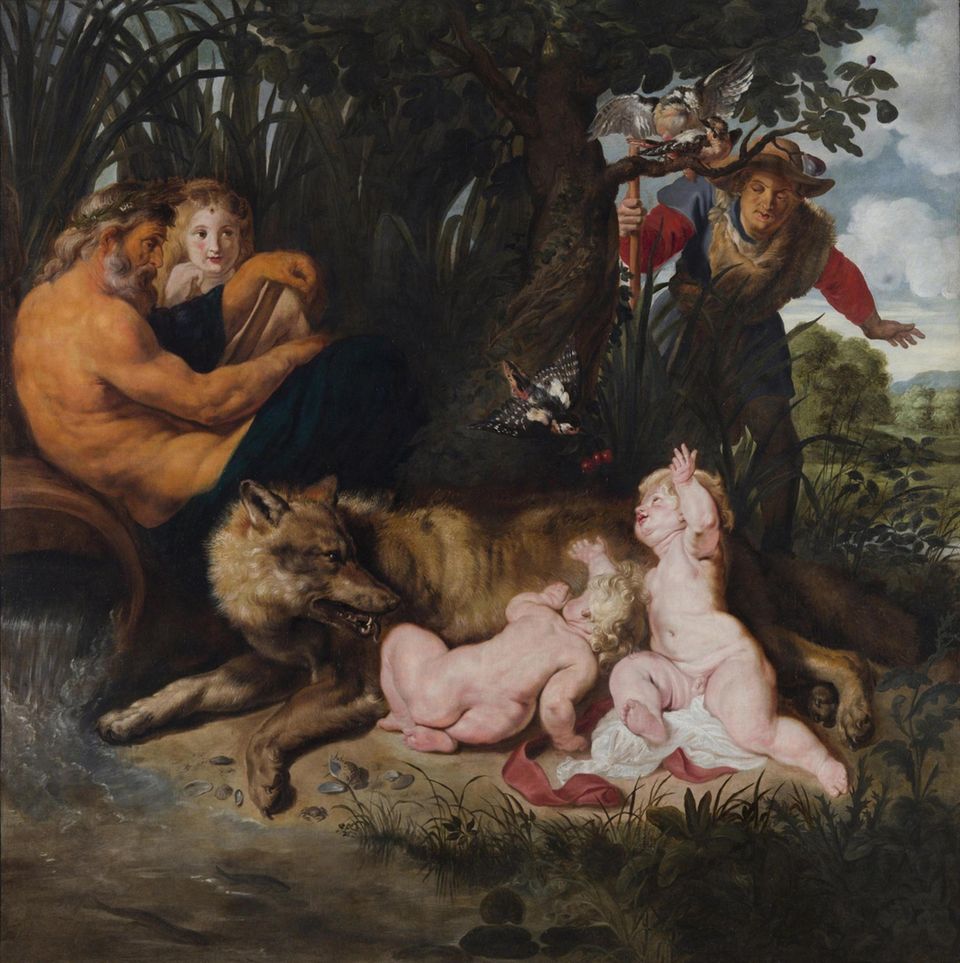 Romulus und Remus mit einem Wolf