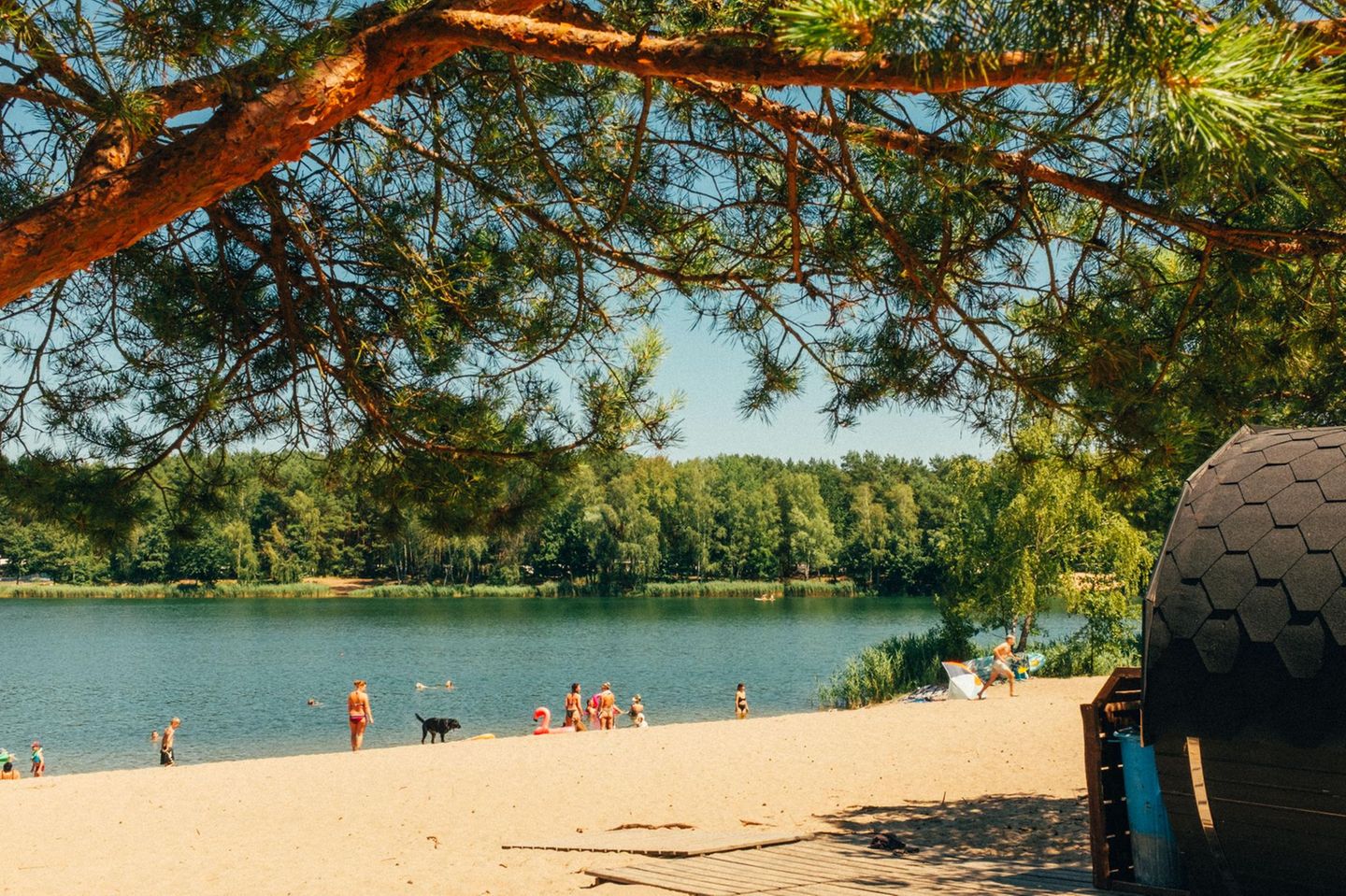 Eine schmale Halbinsel trennt diese beiden Seen und teilt zugleich den Campingplatz. Am Ruhlesee gibt es Aktivurlaub mit Wasserski- oder Wakeboard-Anlage im Wake & Camp Ruhlsdorf, während Gäste am Kiessee beim Familiencamping vor allem Ruhe und den wunderschönen Wald genießen. Wer sich nicht entscheiden kann, breitet das Handtuch einfach erst mal am feinen, hellen Sandstrand aus – mit Blick auf beide Seen. Knurrt dann der Magen, gibt es im Restaurant am Ufer Bratwurst, Burger und Wassermelone. Hinter dem Strand warten außerdem ein Spielplatz für Kinder, Fitnessgeräte für Erwachsene, eine Halfpipe und die Stellplätze für Bullis und Wohnwagen.