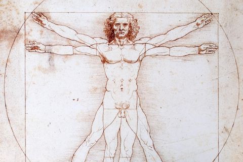 Proportionsschema der menschlichen Gestalt nach Vitruv; Skizze von Leonardo da Vinci