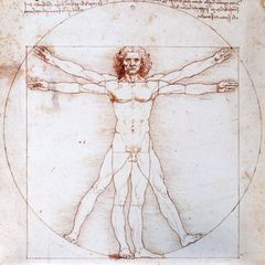 Proportionsschema der menschlichen Gestalt nach Vitruv; Skizze von Leonardo da Vinci