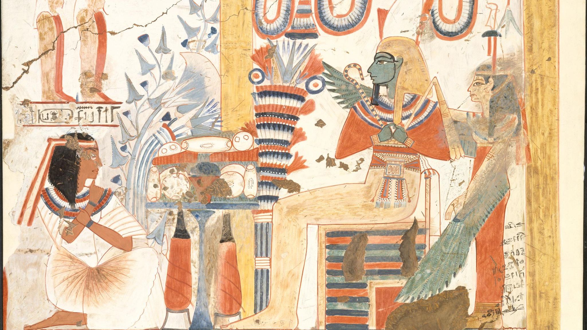 Grabmalerei aus dem alten Ägypten:  der Gott Osiris auf einem Thron, davor ein Tisch mit Opfergaben