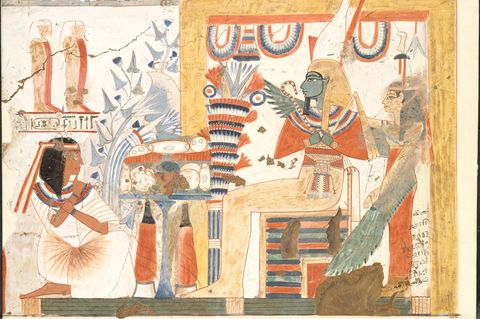 Grabmalerei aus dem alten Ägypten:  der Gott Osiris auf einem Thron, davor ein Tisch mit Opfergaben