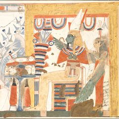 Grabmalerei aus dem alten Ägypten:  der Gott Osiris auf einem Thron, davor ein Tisch mit Opfergaben