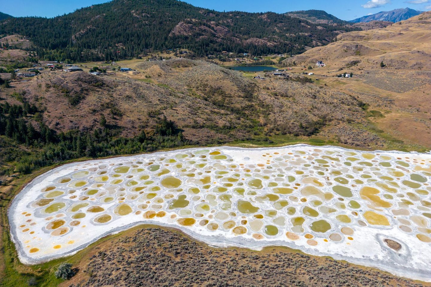Für viele Indigene ist der "Spotted Lake", ein alkalischer Salzsee im Westen Kanadas, ein heiliger Ort. Kein Wunder, denn im Sommer vollzieht sich hier ein fantastisches Schauspiel. Verdunstet das stehende Wasser des Sees, bildet sich eine Kruste aus Mineralien, die mit gelben und grünen Tümpeln übersät ist. Den genauen Farbton bestimmen die gelösten Substanzen. Ihre Konzentration verändert sich mit jedem trockenen Tag und jedem Regenguss, weshalb sich auch das Fleckenmuster permanent wandelt.